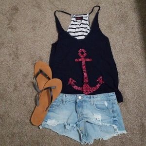 Women's Navy Blue Anchor Striped Racerback